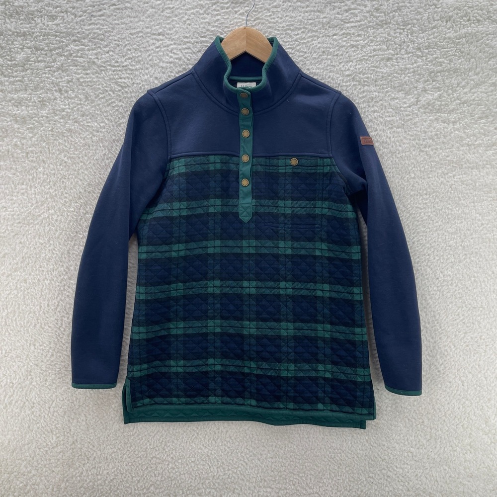 LL Bean Sweatshirt Womens Small Green Blue Quilted Tartan Plaid Preppy Outdoor